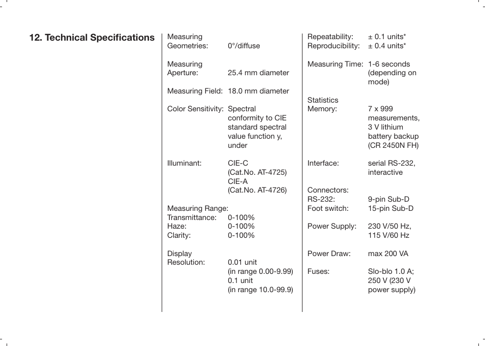 Technical speciﬁcations | ALTANA Haze-Gard Plus Operating Instructions User Manual | Page 39 / 180