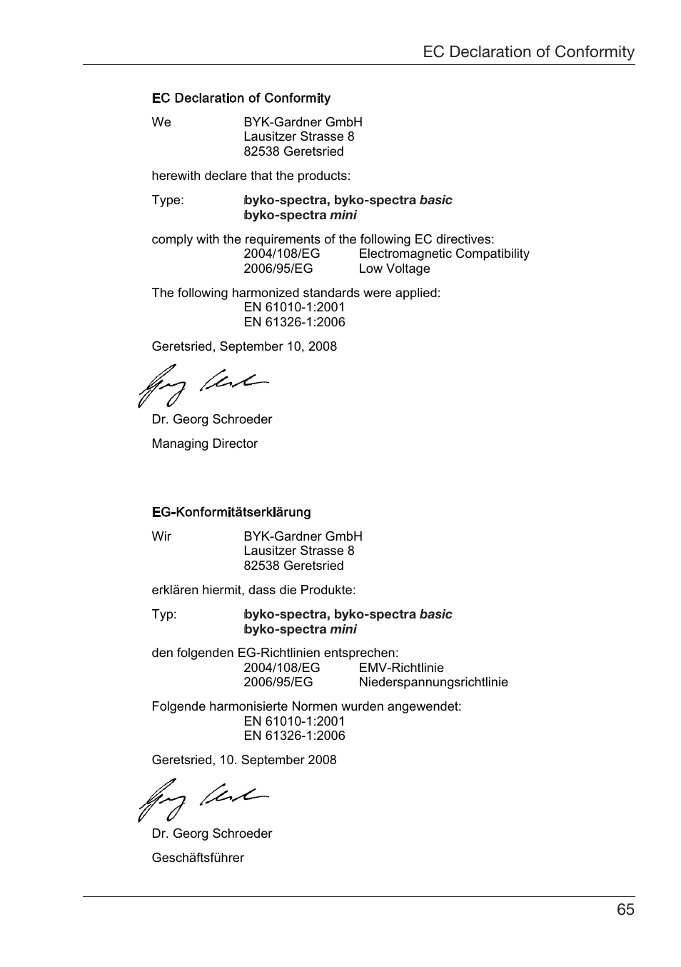Eclaration¬of¬#onformity %spa×ol | ALTANA Byko-Spectra Mini User Manual | Page 66 / 78