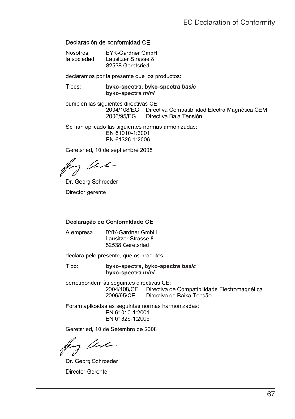 Eclaration¬of¬#onformity %spa×ol | ALTANA Byko-Spectra Mini User Manual | Page 68 / 78