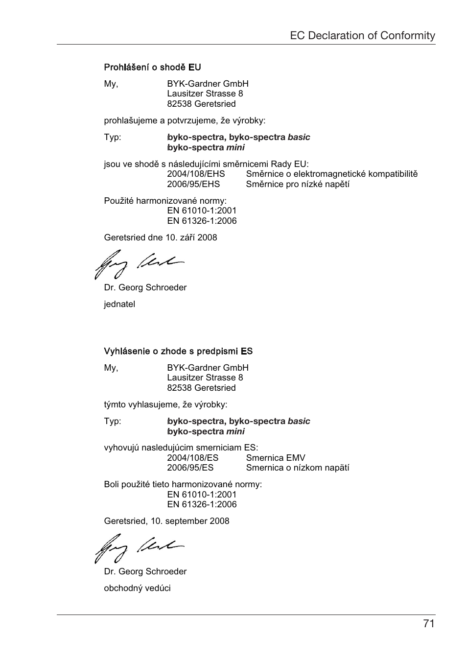 Eclaration¬of¬#onformity %spa×ol | ALTANA Byko-Spectra Mini User Manual | Page 72 / 78