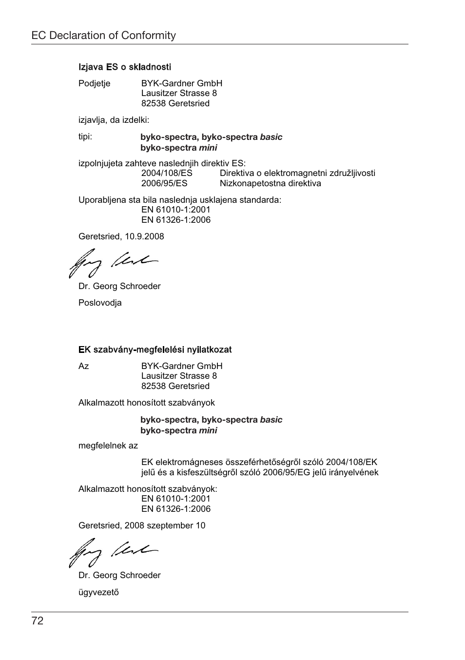 Eclaration¬of¬#onformity %spa×ol | ALTANA Byko-Spectra Basic User Manual | Page 73 / 78