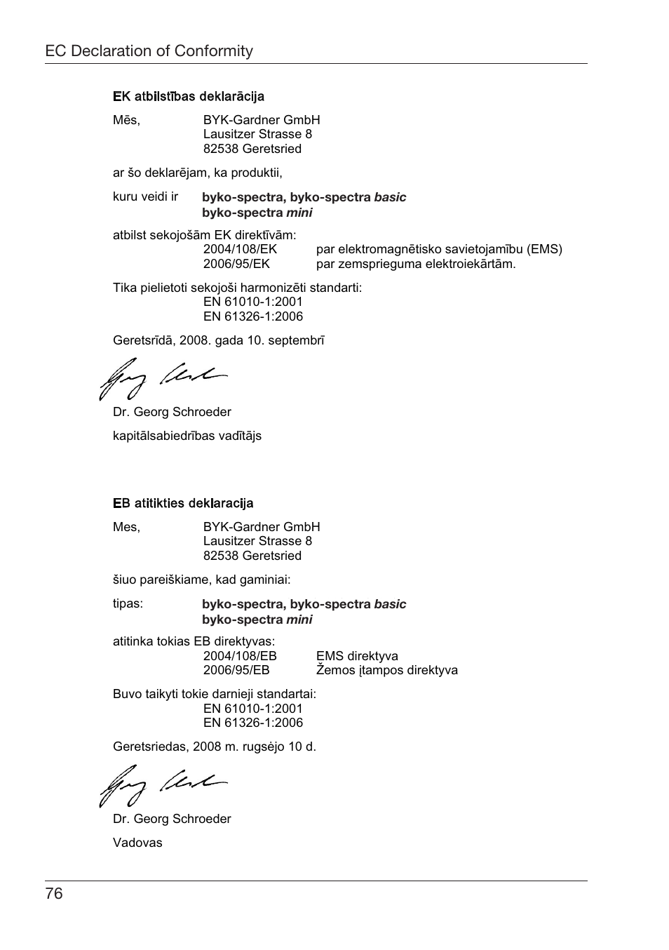 Eclaration¬of¬#onformity %spa×ol | ALTANA Byko-Spectra Basic User Manual | Page 77 / 78