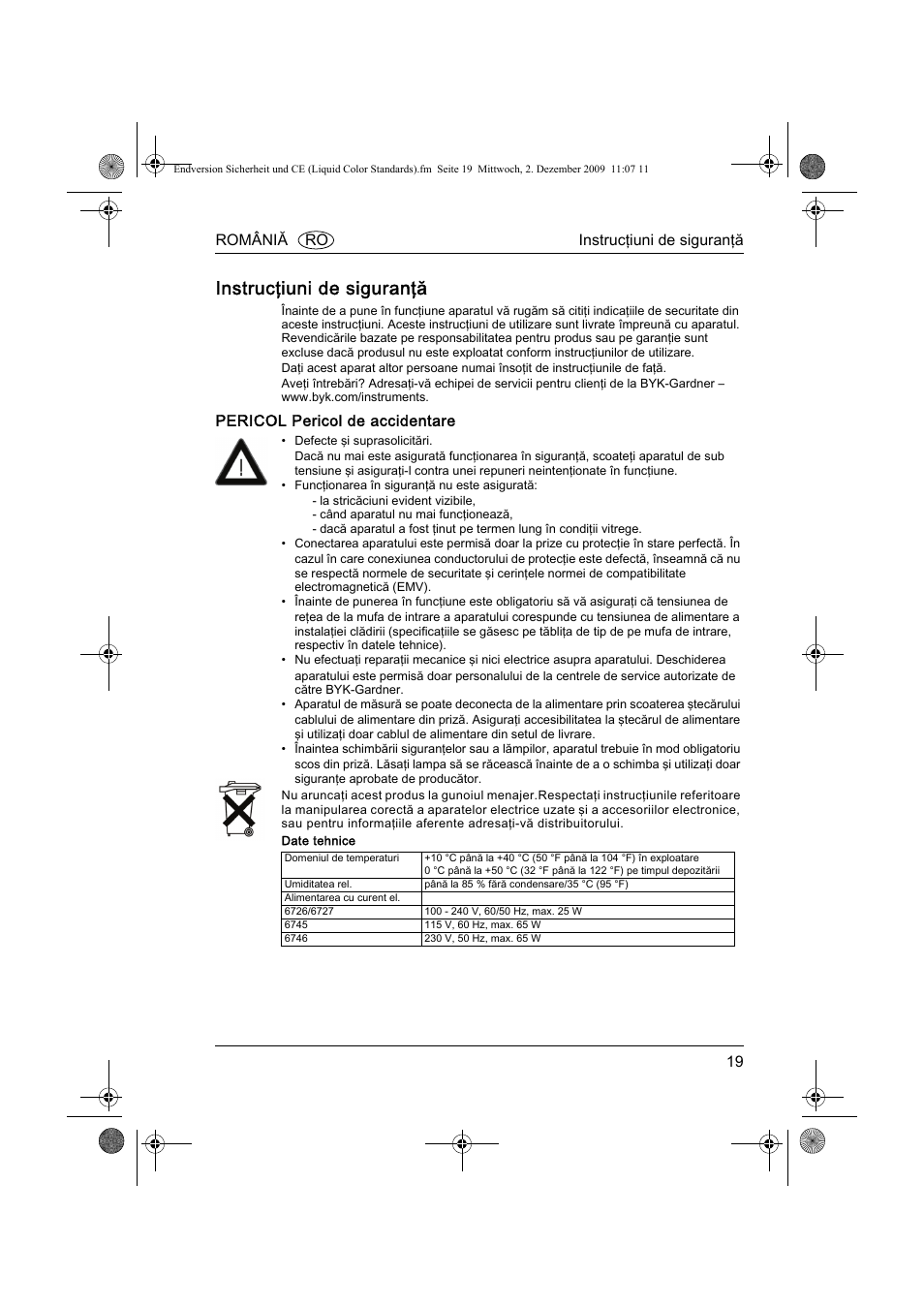 Instrucţiuni de siguranţă | ALTANA Liquid Color Standards Safety Instructions User Manual | Page 20 / 40