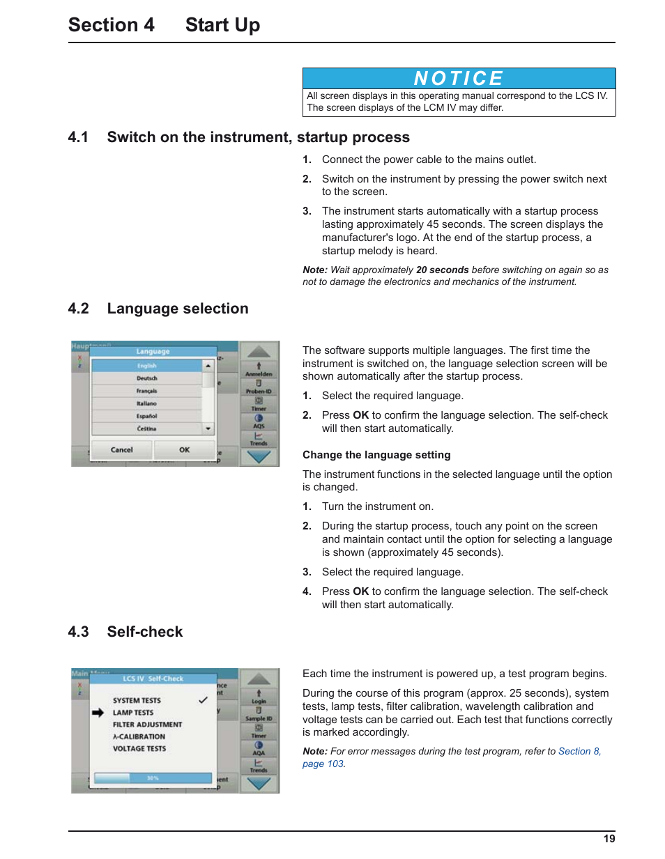 1 switch on the instrument, startup process, 2 language selection, 3 self-check | ALTANA LCM IV User Manual | Page 18 / 113