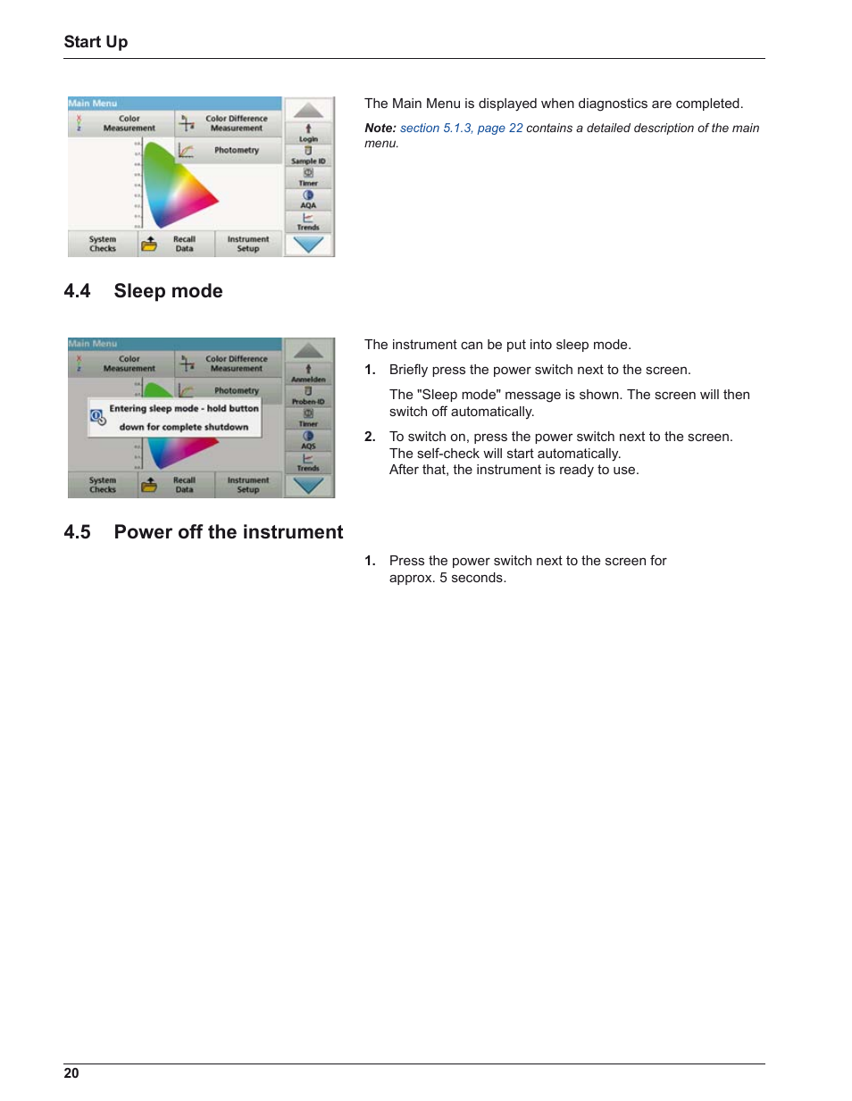 4 sleep mode, 5 power off the instrument | ALTANA LCM IV User Manual | Page 19 / 113