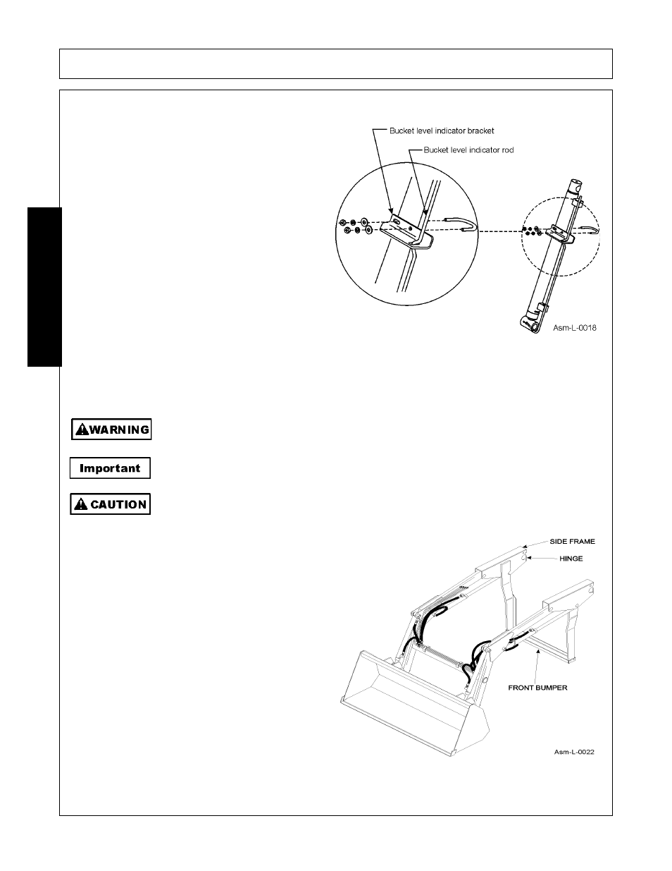 Installing bucket level indicator, Dismounting loader and mounting loader to tractor, Dismounting loader | Locate tractor and loader on firm level ground, Assembly, Assembl y | Bush Hog 1947 User Manual | Page 38 / 102