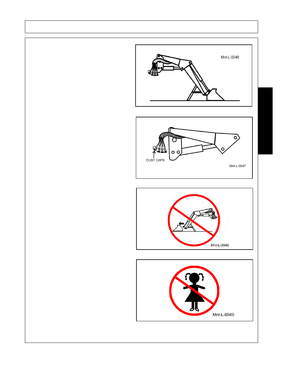 Store loader with attachment securely attached, Place dust caps on hydraulic quick couplers, Do not remove attachment from stored loader | Do not allow children to play on or around loader, Maintenance | Bush Hog 1947 User Manual | Page 95 / 102