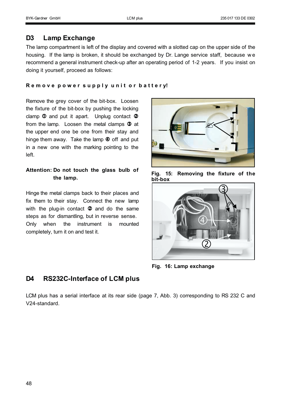 D3 lamp exchange, D4 rs232c-interface of lcm plus | ALTANA LCM plus User Manual | Page 19 / 23