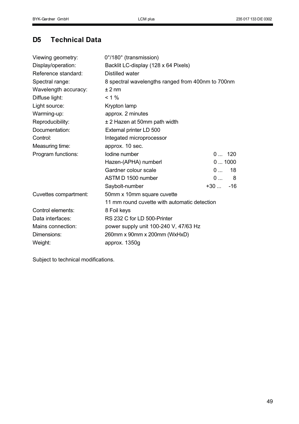 D5 technical data | ALTANA LCM plus User Manual | Page 20 / 23