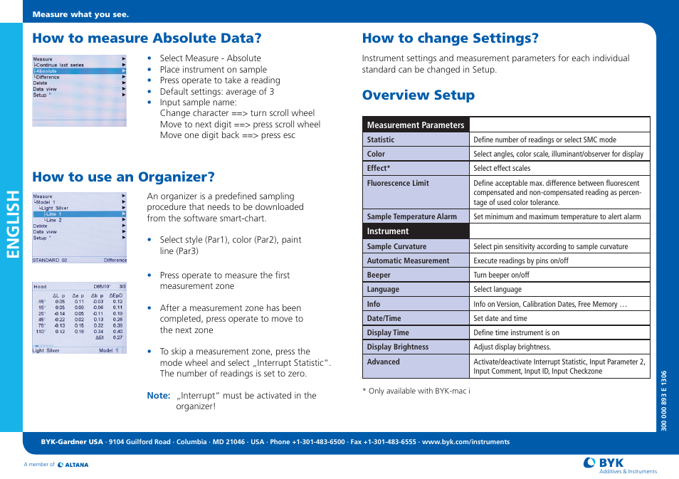 English, How to measure absolute data, How to use an organizer? how to change settings | Overview setup | ALTANA BYK-mac i COLOR Short Instructions User Manual | Page 2 / 2