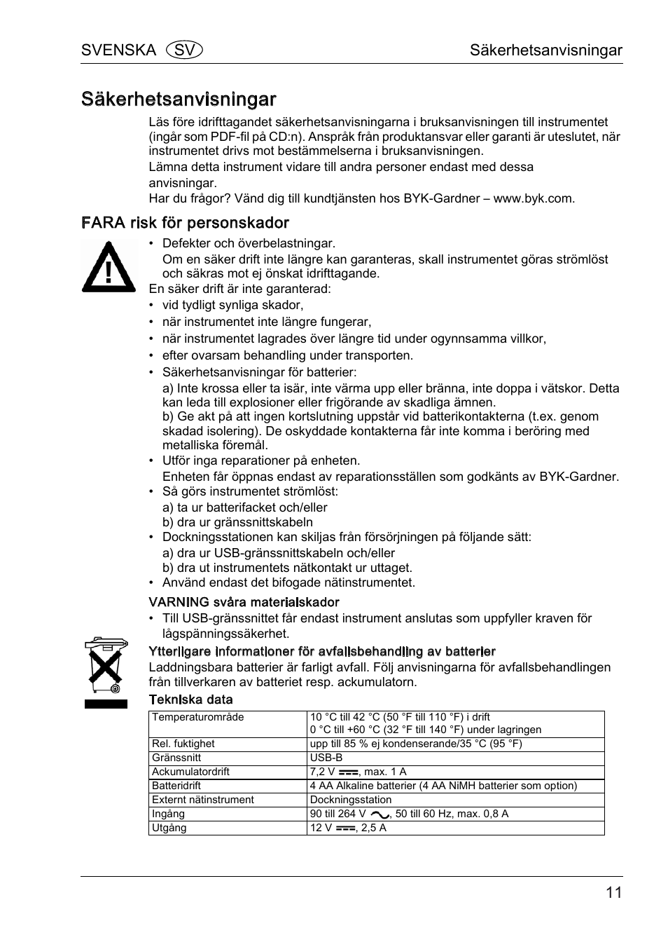 Säkerhetsanvisningar, Fara risk för personskador, Svenska sv säkerhetsanvisningar | ALTANA BYK-mac COLOR Safety Instructions User Manual | Page 12 / 40