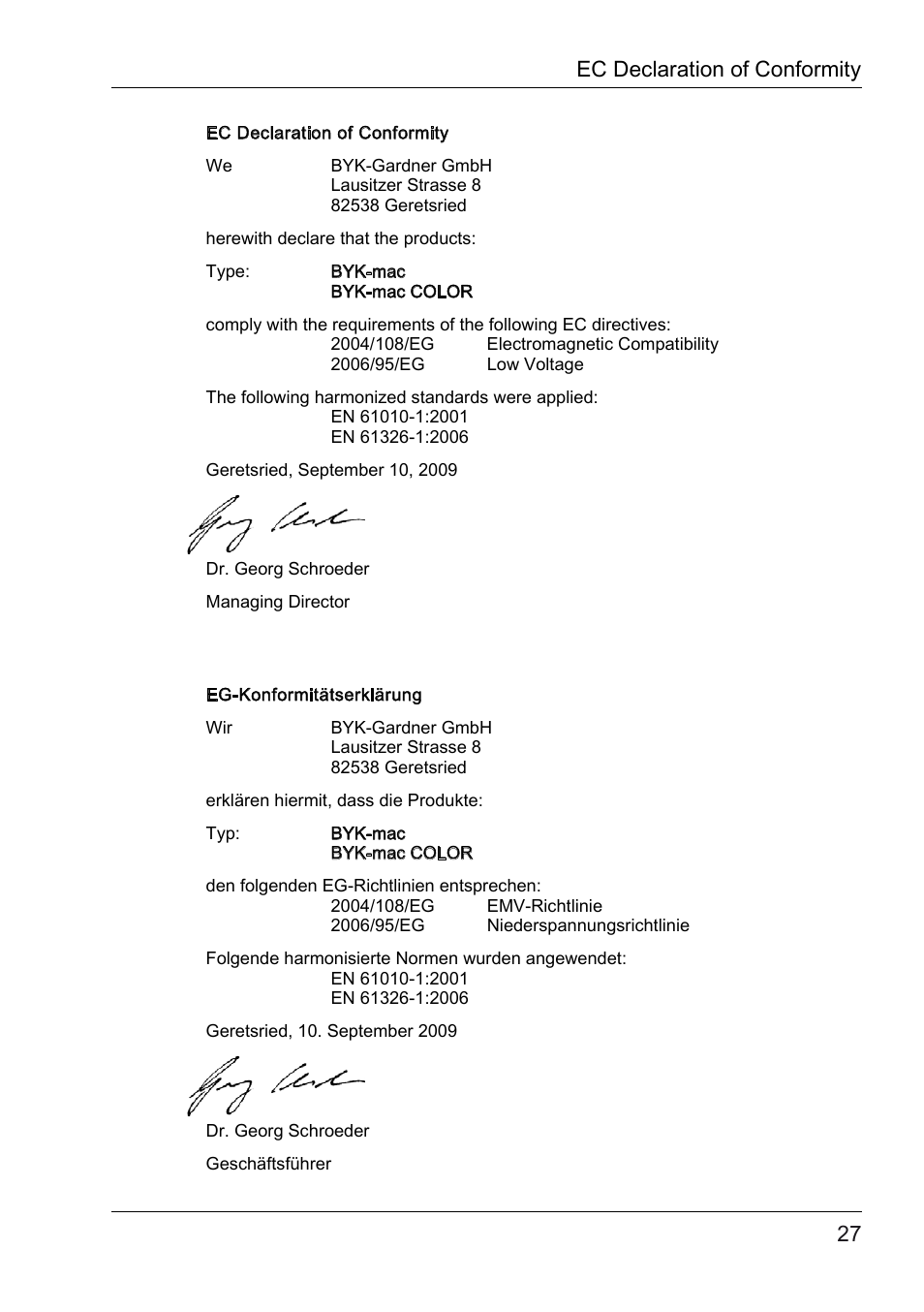 Ec declaration of conformity | ALTANA BYK-mac COLOR Safety Instructions User Manual | Page 28 / 40
