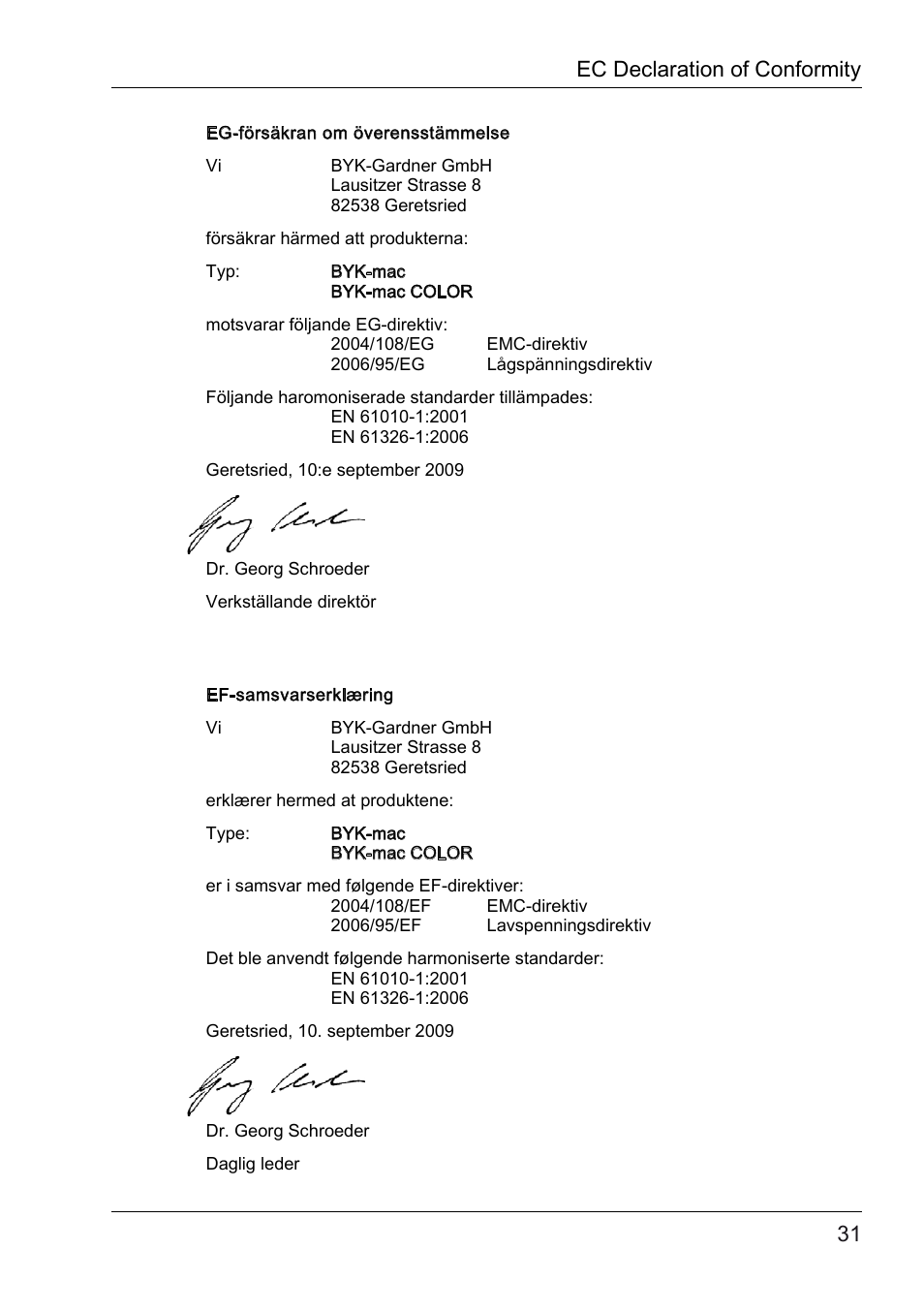 Ec declaration of conformity | ALTANA BYK-mac COLOR Safety Instructions User Manual | Page 32 / 40