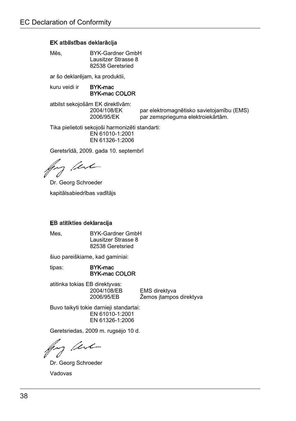Ec declaration of conformity | ALTANA BYK-mac COLOR Safety Instructions User Manual | Page 39 / 40