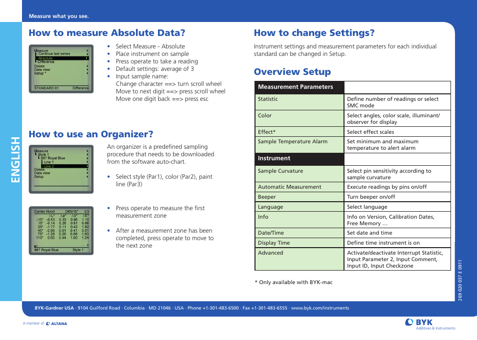 English, How to measure absolute data, How to use an organizer? how to change settings | Overview setup | ALTANA BYK-mac COLOR Short Instructions User Manual | Page 2 / 2