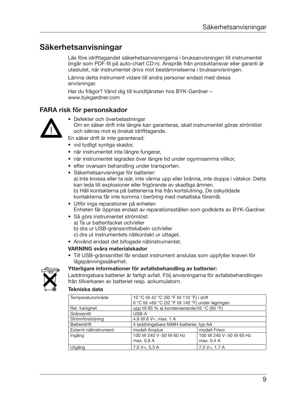 Säkerhetsanvisningar, 9säkerhetsanvisningar, Fara risk för personskador | ALTANA 6345 User Manual | Page 10 / 26