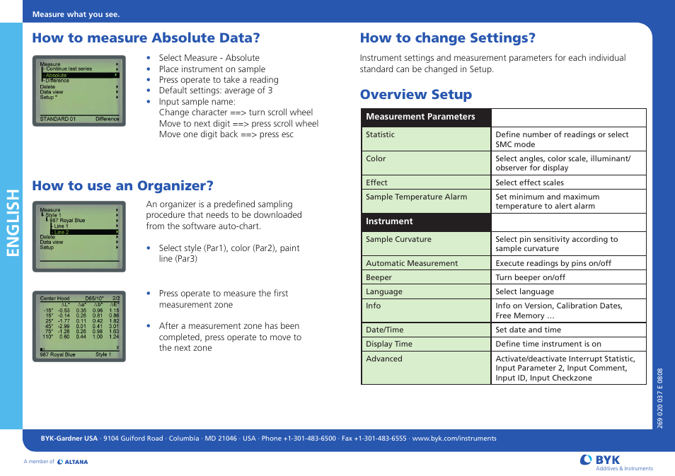 English, How to measure absolute data, How to use an organizer? how to change settings | Overview setup | ALTANA BYK-mac Short Instructions User Manual | Page 2 / 2