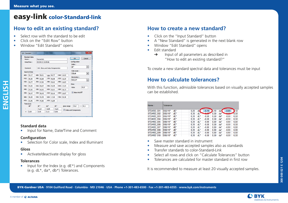 English, Easy-link, How to create a new standard | How to calculate tolerances | ALTANA Easy-Link Color-Standard-Link User Manual | Page 2 / 2
