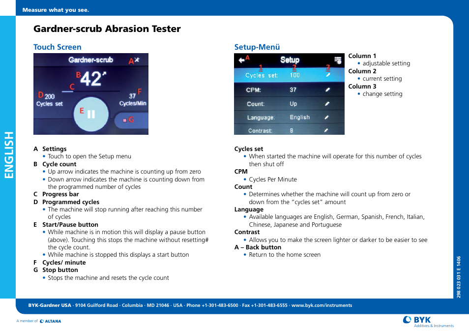 English, Gardner-scrub abrasion tester, Touch screen | Setup-menü | ALTANA Gardner-Scrub Short Instructions User Manual | Page 2 / 2