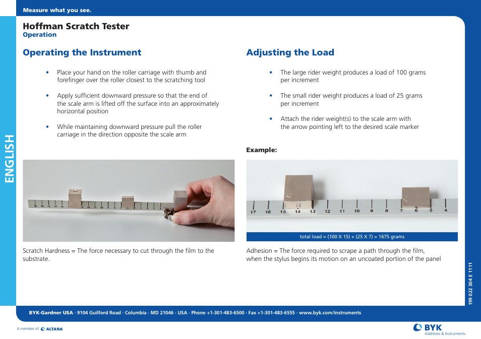 English, Hoffman scratch tester, Operating the instrument adjusting the load | ALTANA Hoffman Scratch Hardness Tester Short Instructions User Manual | Page 2 / 2