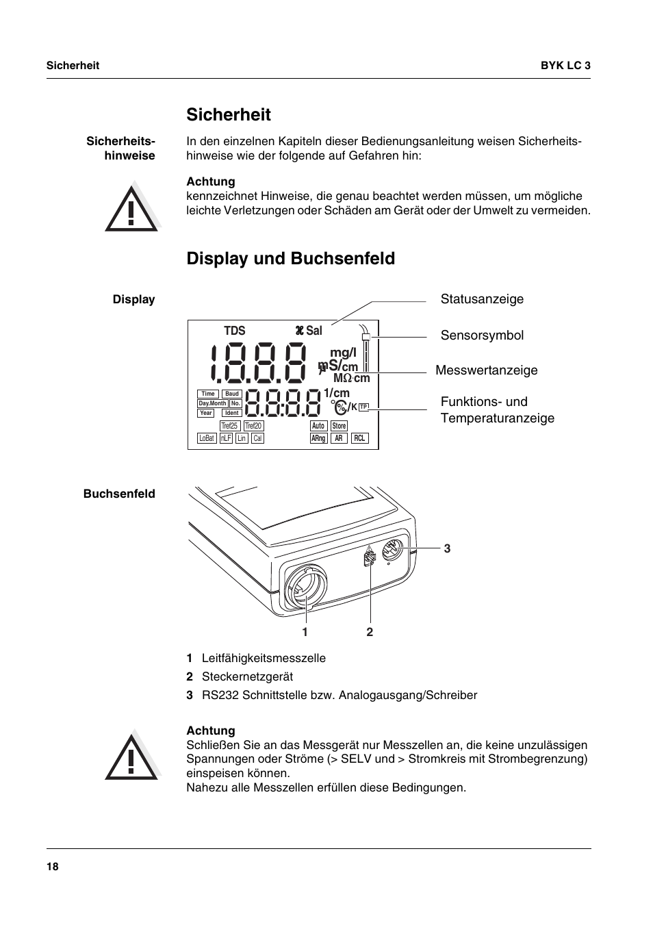 Sicherheit, Display und buchsenfeld, Sécurité | Affichage et emplacement de la douille, Seguridad, Display y bujes de conexión | ALTANA LC 3 User Manual | Page 18 / 60