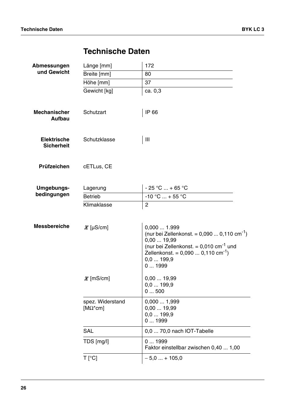 Technische daten, Données techniques, Especificaciones técnicas | ALTANA LC 3 User Manual | Page 26 / 60