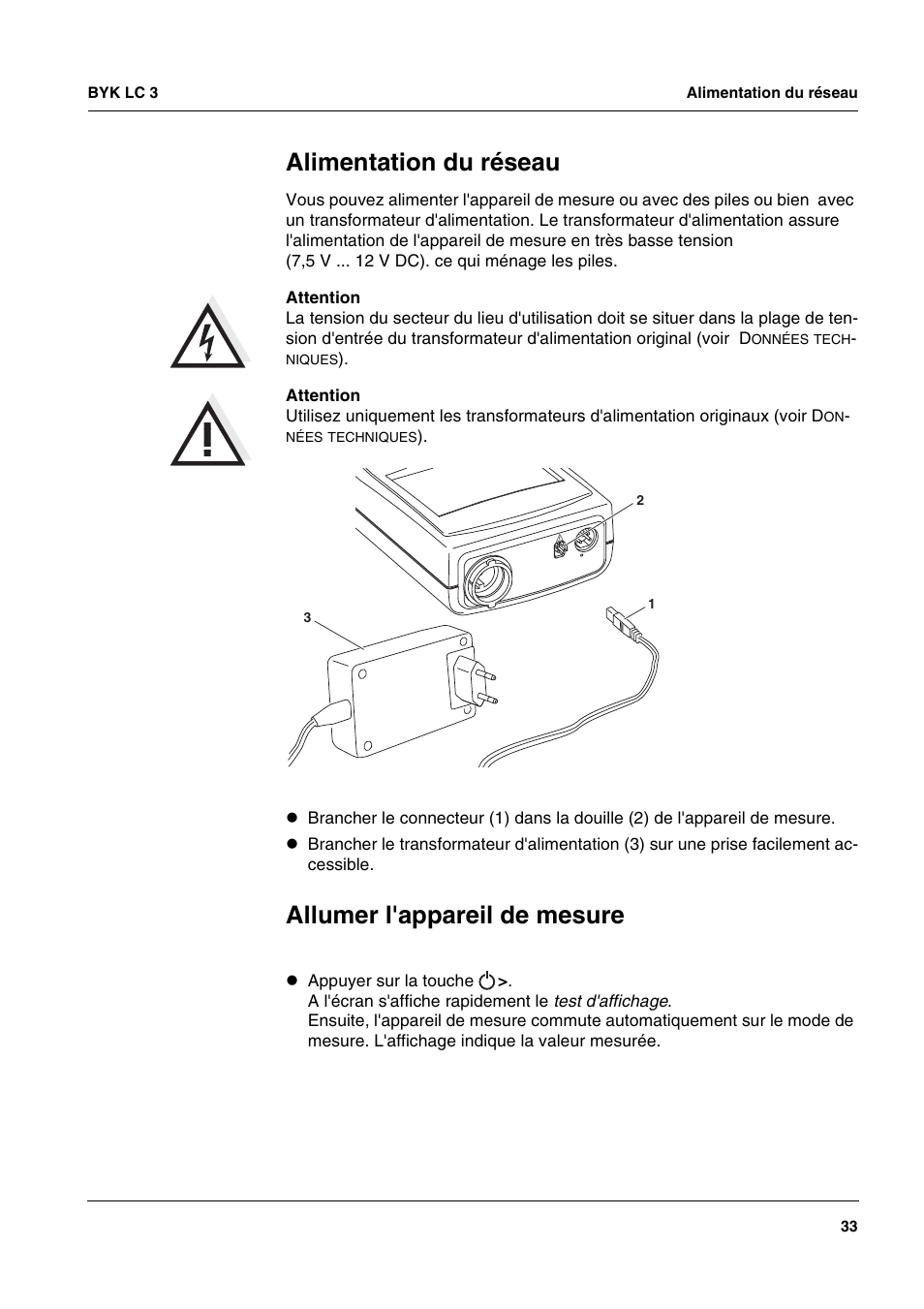 Alimentation du réseau, Allumer l'appareil de mesure | ALTANA LC 3 User Manual | Page 33 / 60