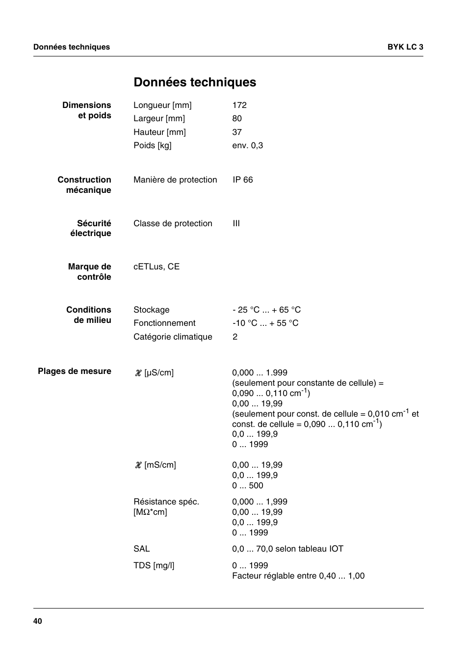 Données techniques | ALTANA LC 3 User Manual | Page 40 / 60