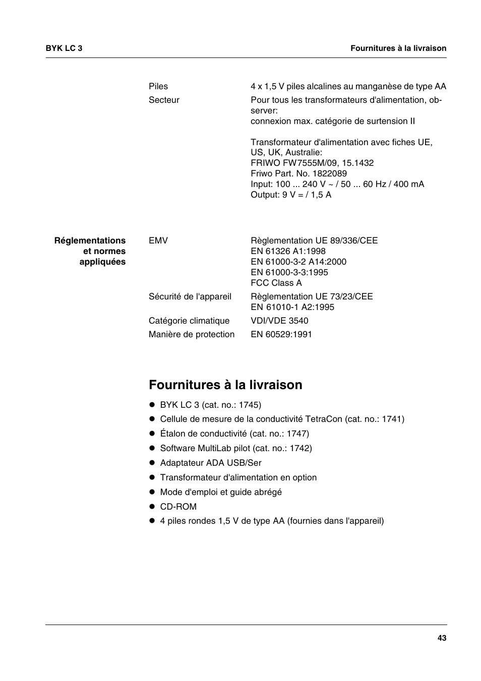 Fournitures à la livraison | ALTANA LC 3 User Manual | Page 43 / 60