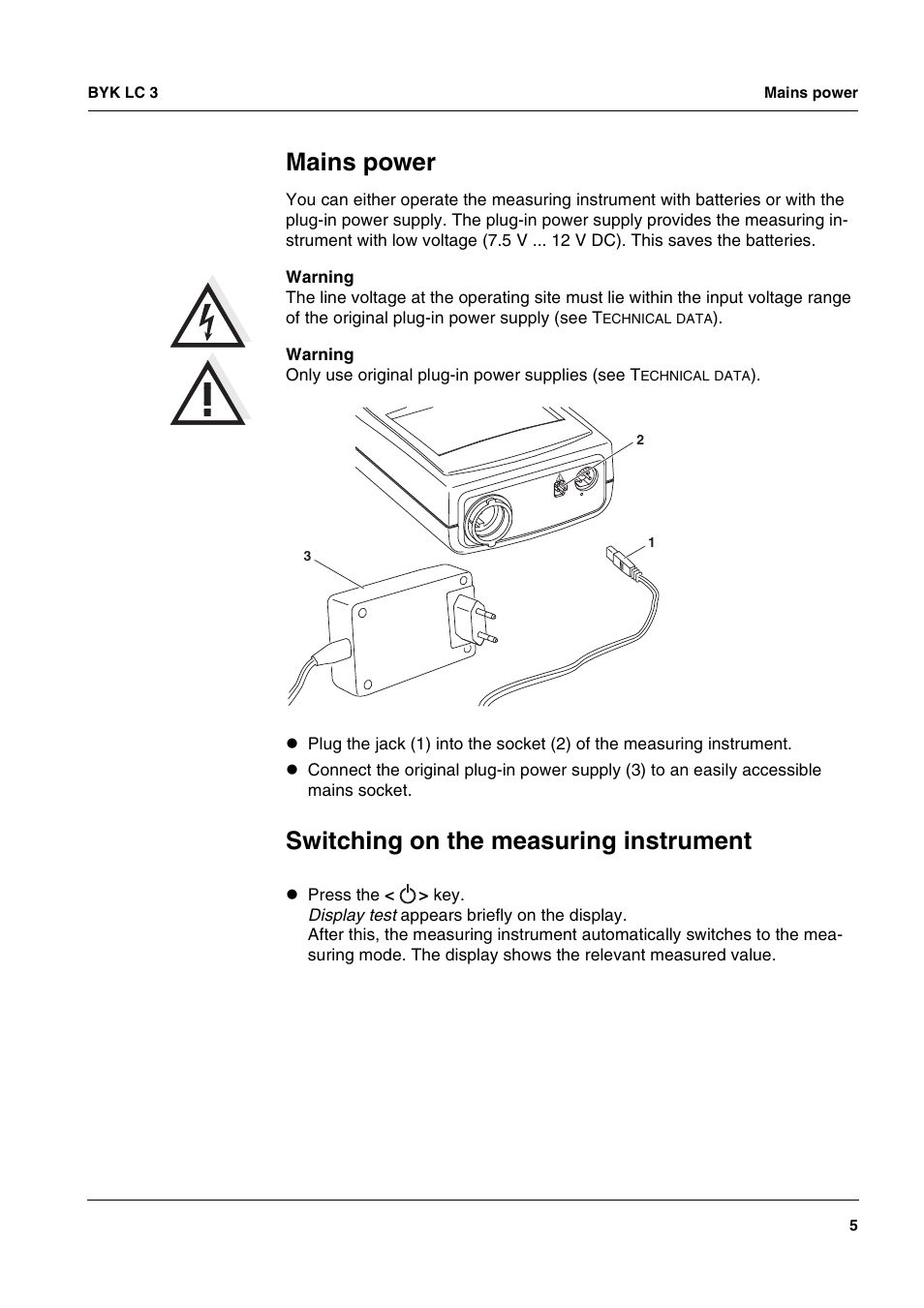 Mains power, Switching on the measuring instrument | ALTANA LC 3 User Manual | Page 5 / 60