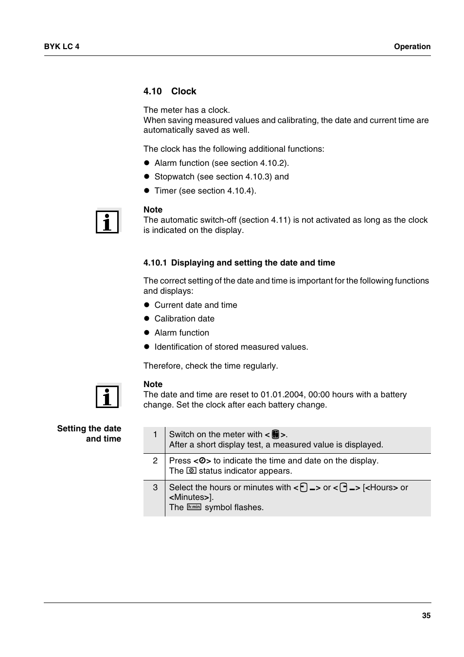 10 clock, 1 displaying and setting the date and time, Ee section 4.10.1) | ALTANA LC 4 User Manual | Page 35 / 61