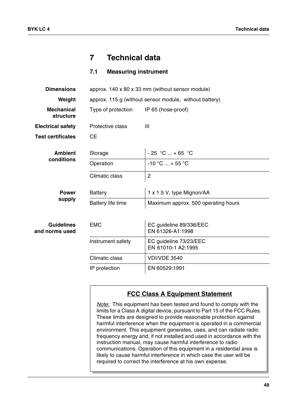 7 technical data, 1 measuring instrument, Technical data | Measuring instrument, Chapter 7 t, Echnical, Data, Must, Ee chapter 7 t, 7technical data | ALTANA LC 4 User Manual | Page 49 / 61