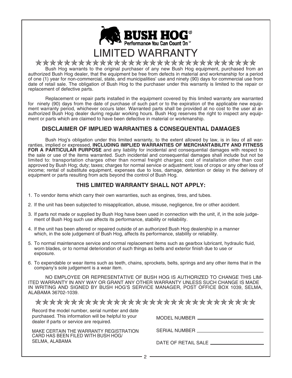 Limited warranty | Bush Hog 6045 User Manual | Page 4 / 56