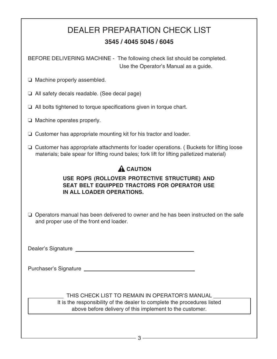 Dealer preparation check list | Bush Hog 6045 User Manual | Page 5 / 56
