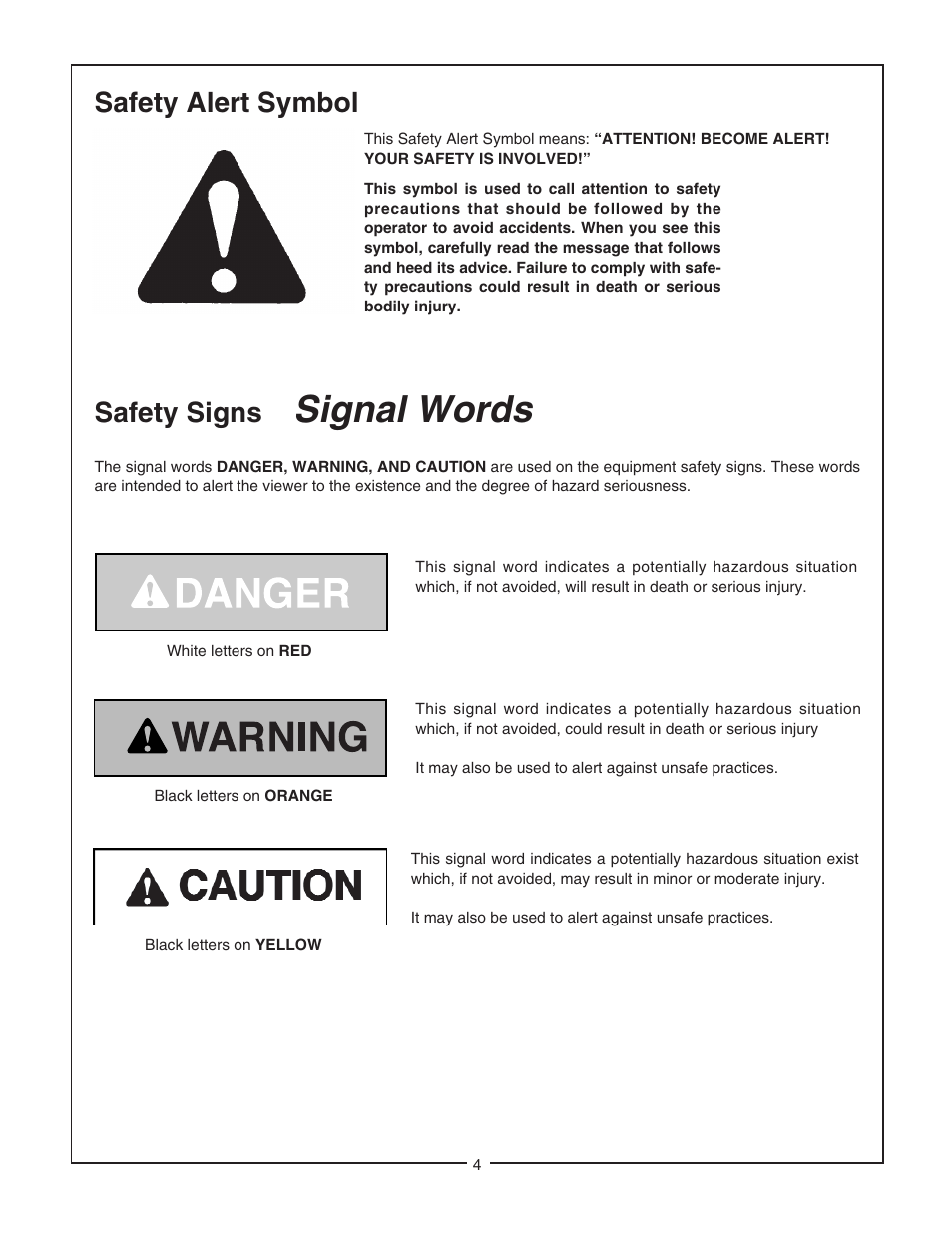 Signal words, Safety alert symbol, Safety signs | Bush Hog 6045 User Manual | Page 6 / 56