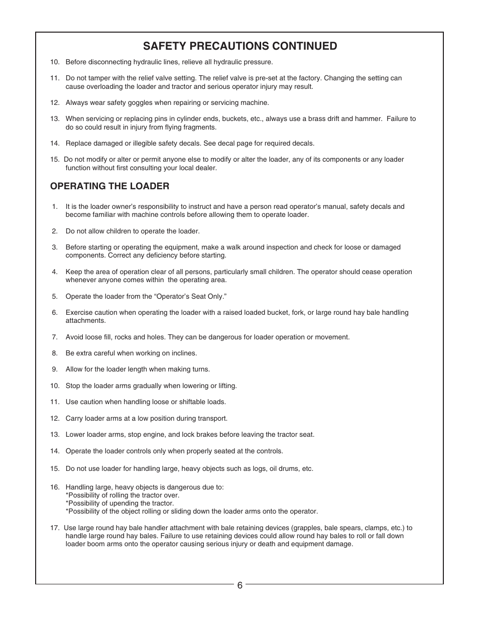 Safety precautions continued, Operating the loader | Bush Hog 6045 User Manual | Page 8 / 56