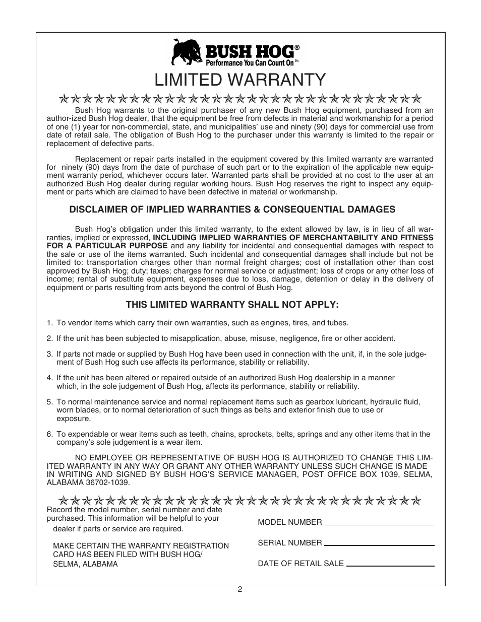 Limited warranty | Bush Hog RDTH 84 User Manual | Page 4 / 20