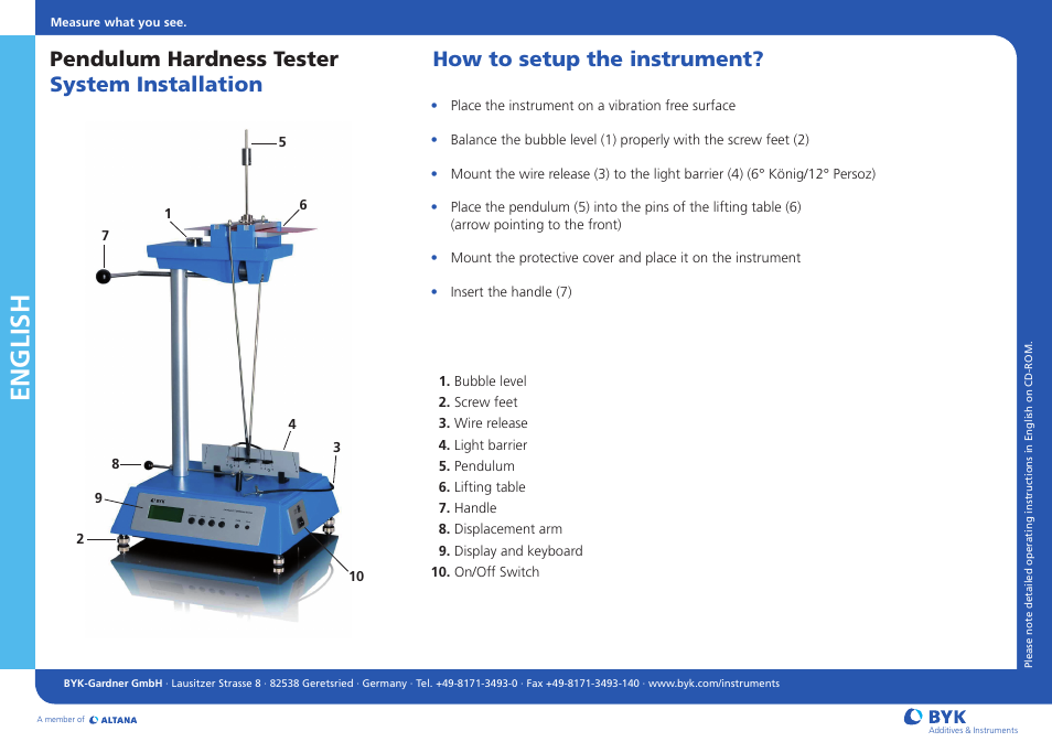 ALTANA Pendulum Hardness Tester System Installation User Manual | 2 pages