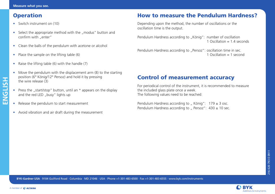 English, Operation, How to measure the pendulum hardness | Control of measurement accuracy | ALTANA Pendulum Hardness Tester System Installation User Manual | Page 2 / 2