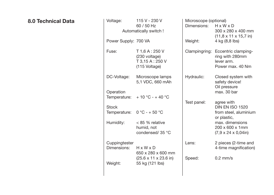 0 technical data | ALTANA Cupping Tester User Manual | Page 32 / 68