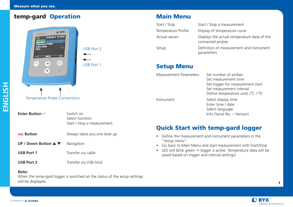 English, Temp-gard operation main menu, Setup menu | Quick start with temp-gard logger | ALTANA Temp-Chart Short Instructions User Manual | Page 3 / 12
