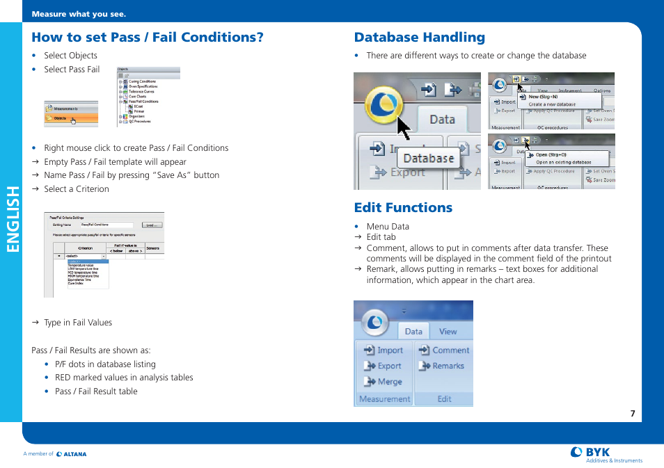 English, How to set pass / fail conditions, Database handling | Edit functions | ALTANA Temp-Chart Short Instructions User Manual | Page 9 / 12