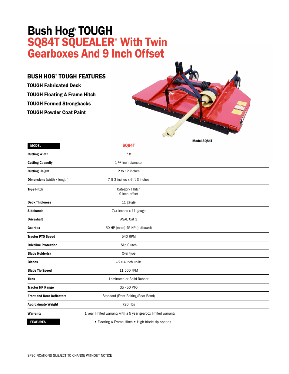 Bush Hog Tough SQ84T SQUealer User Manual | 1 page