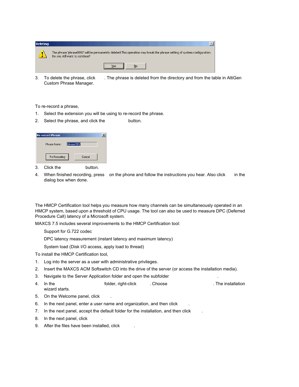 Re-recording phrases, Hmcp certification test tool | AltiGen MAXCS 7.0 Update 1 ACM Administration User Manual | Page 410 / 446