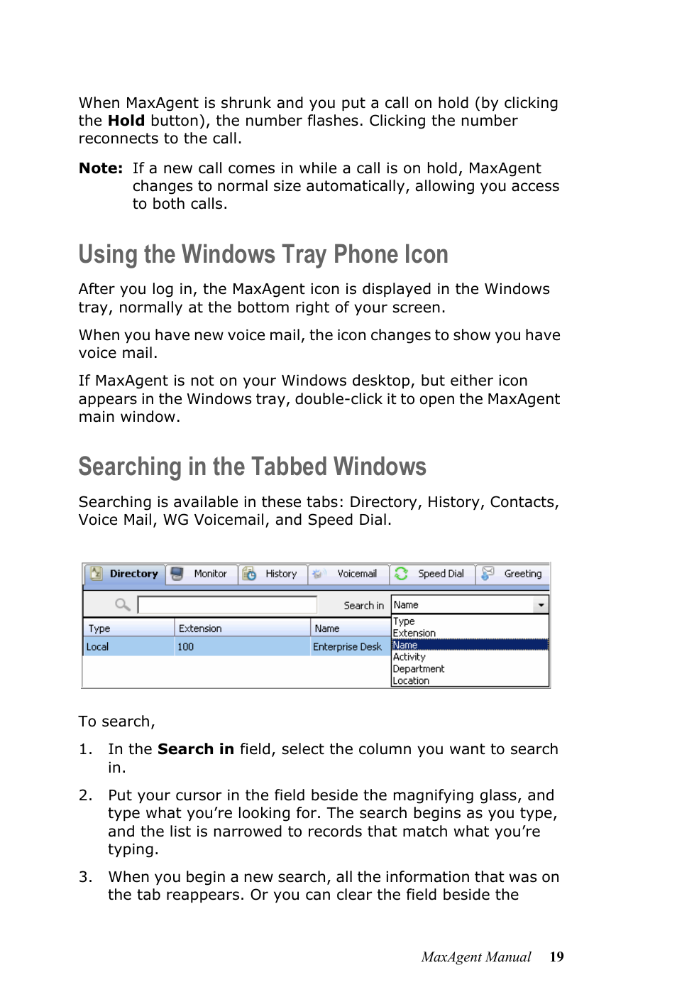 Using the windows tray phone icon, Searching in the tabbed windows | AltiGen MAXCS 7.5 MaxAgent User Manual | Page 25 / 95
