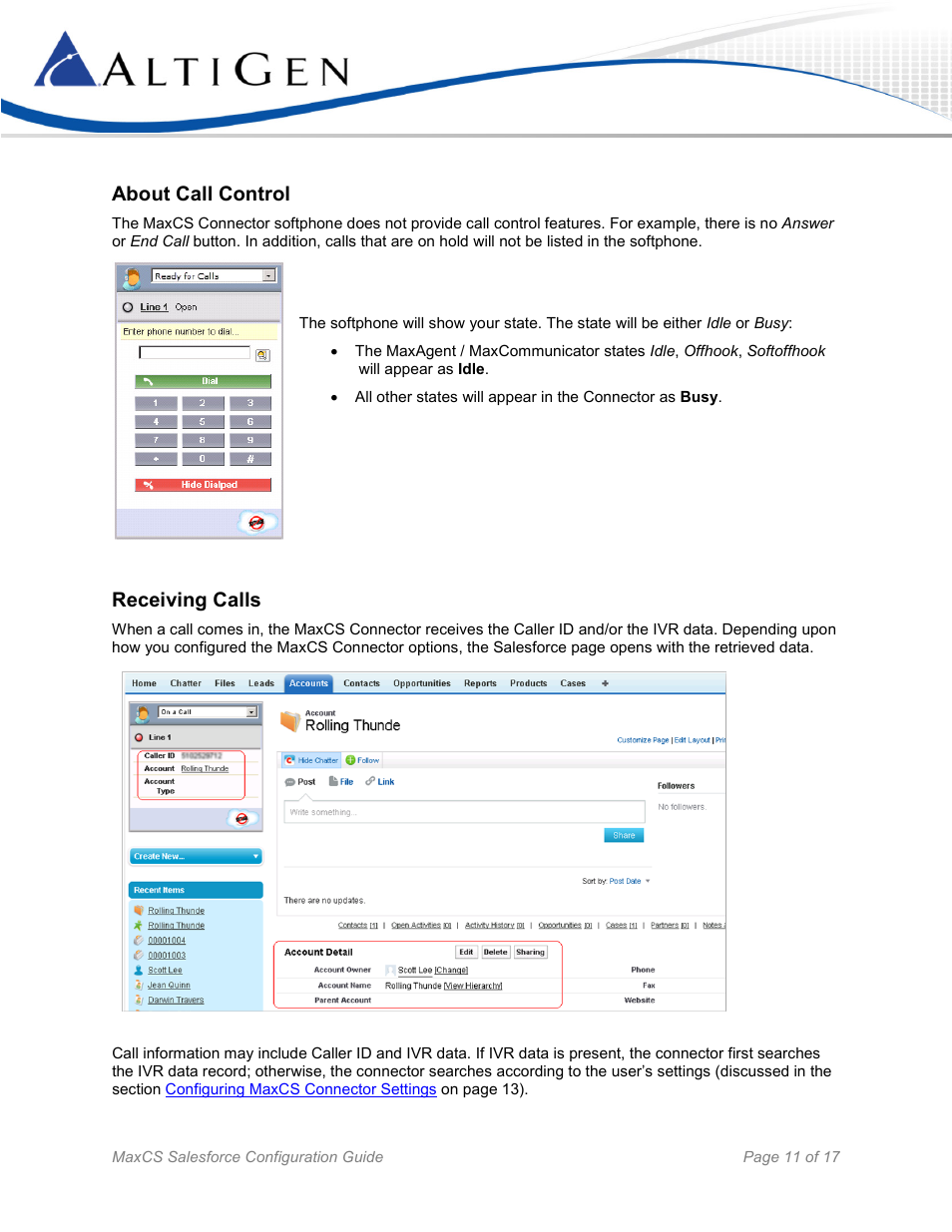 About call control, Receiving calls | AltiGen MAXCS 7.5 Salesforce Connector Configuration Guide User Manual | Page 11 / 17