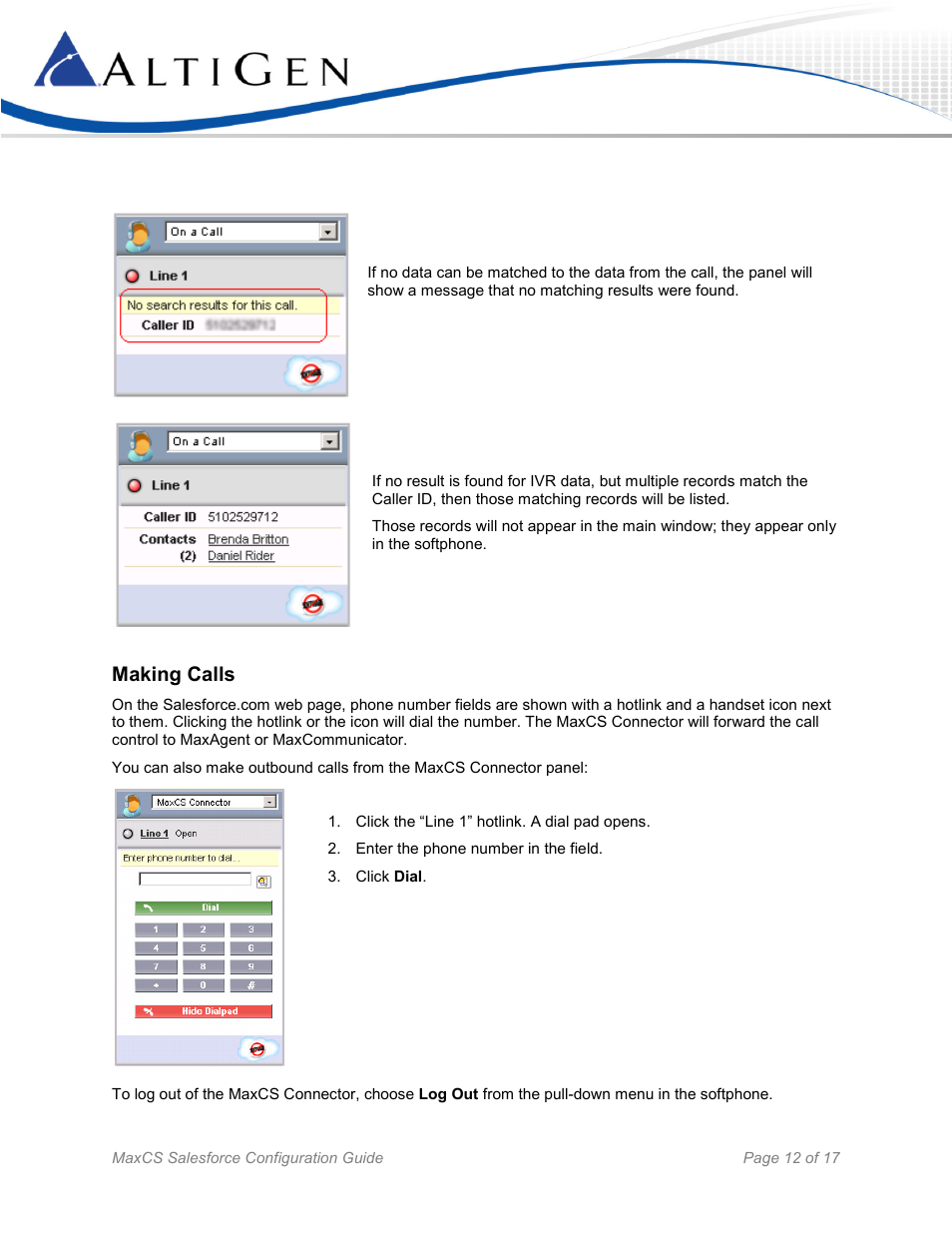 Making calls | AltiGen MAXCS 7.5 Salesforce Connector Configuration Guide User Manual | Page 12 / 17