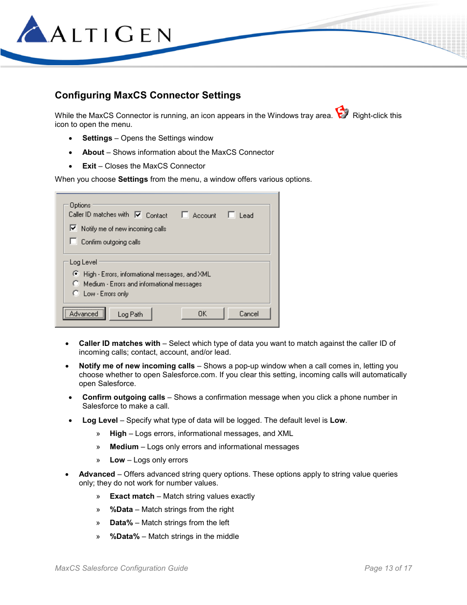 Configuring maxcs connector settings, Ge 13), E 13) | AltiGen MAXCS 7.5 Salesforce Connector Configuration Guide User Manual | Page 13 / 17