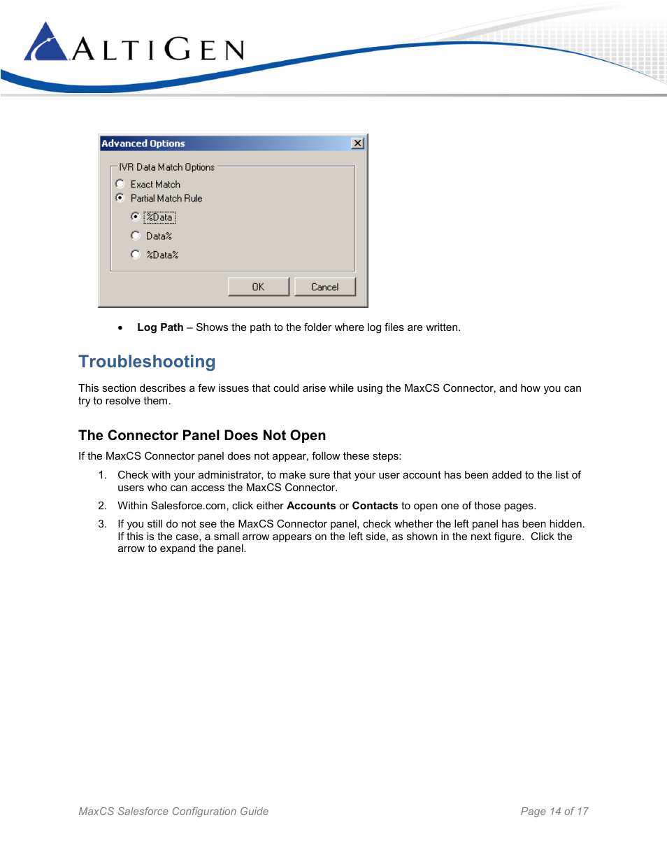 Troubleshooting, The connector panel does not open | AltiGen MAXCS 7.5 Salesforce Connector Configuration Guide User Manual | Page 14 / 17