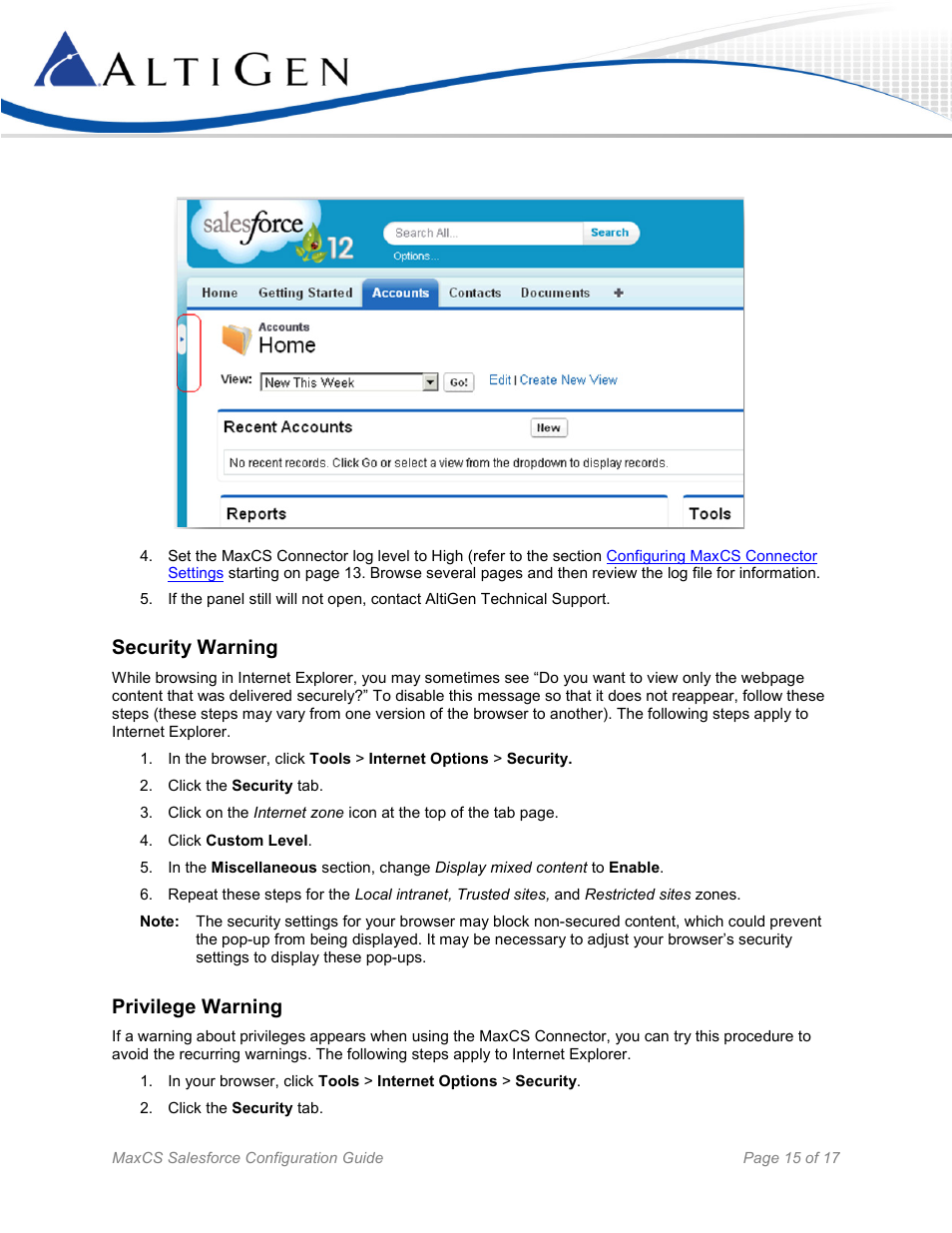 Security warning, Privilege warning | AltiGen MAXCS 7.5 Salesforce Connector Configuration Guide User Manual | Page 15 / 17